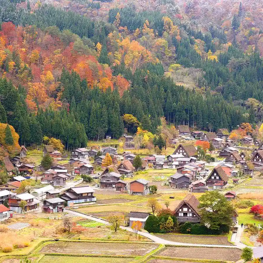 Villaggio tradizionale giapponese tra colline alberate e nebbia leggera