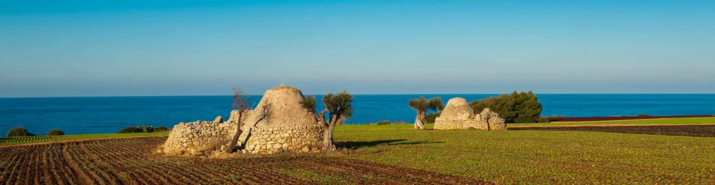 Campagna pugliese con antichi trulli in pietra e ulivi affacciati sul mare durante un viaggio estate relax in Puglia