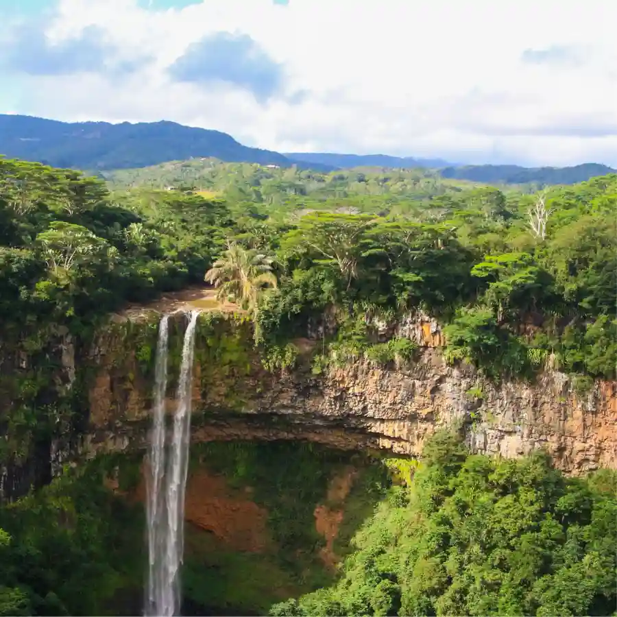 Cascata nella foresta tropicale di Mauritius che scende da una scogliera tra vegetazione rigogliosa