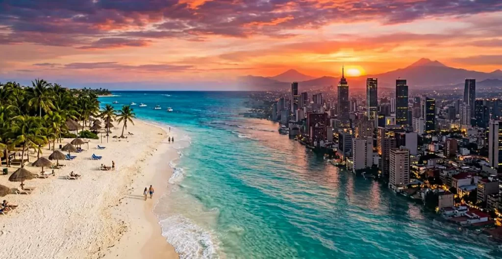 Spiaggia tropicale della Riviera Maya accanto allo skyline di Città del Messico al tramonto