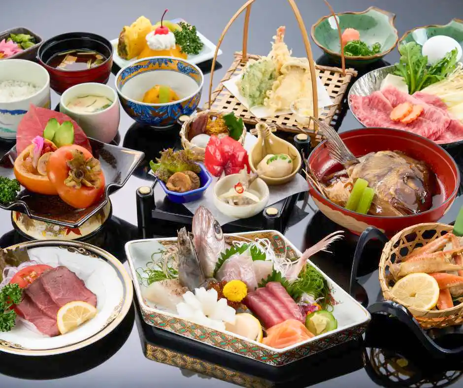 Pacchetto viaggio Giappone – cena kaiseki inclusa nell’offerta Kyoto Cena kaiseki giapponese con piatti tradizionali serviti in modo elegante.