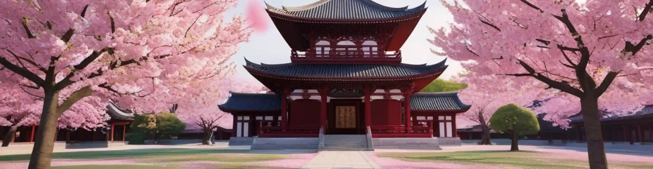 Tempio giapponese tra ciliegi rosa durante un viaggio in Giappone