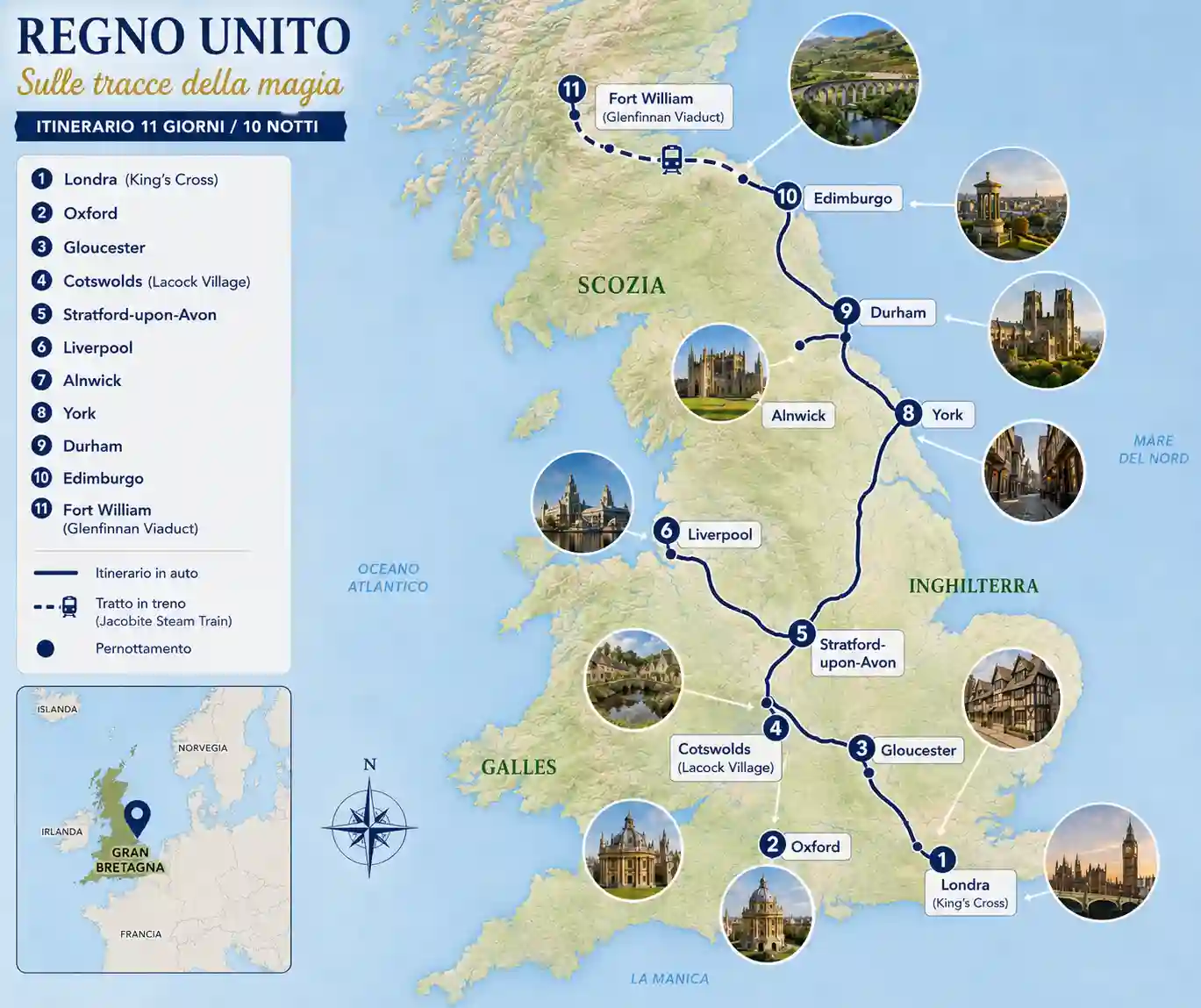 Mappa itinerario offerta viaggio Harry Potter nel Regno Unito Mappa dell'itinerario Fly & Drive nel Regno Unito con le principali tappe del viaggio.