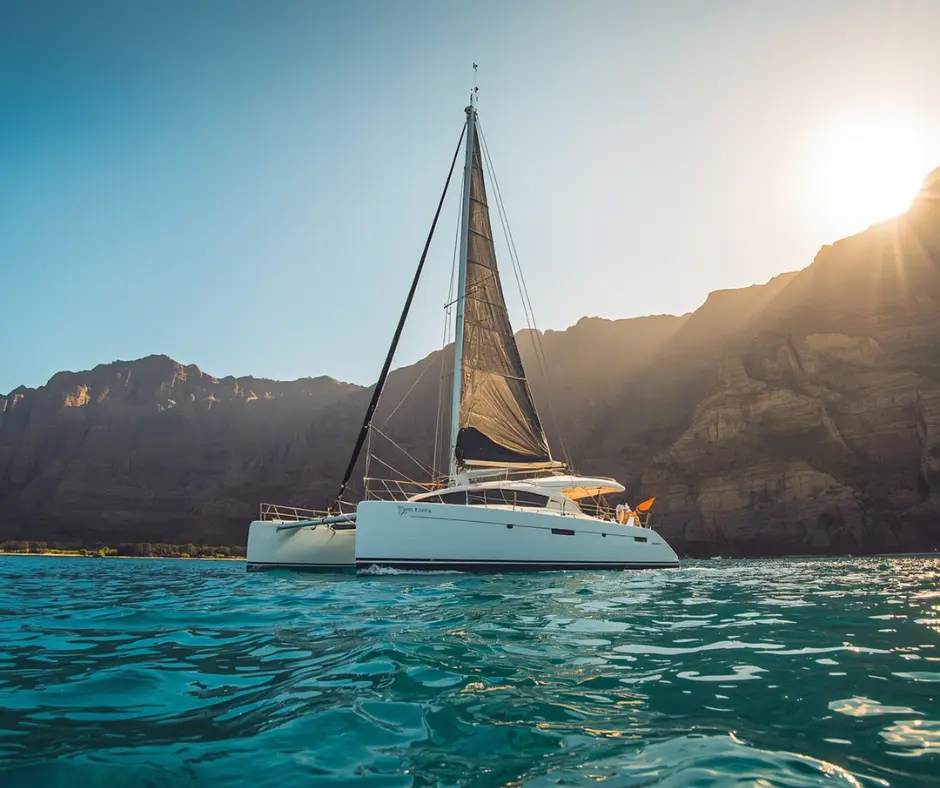 Viaggio organizzato Hawaii – Escursione Nā Pali Coast Catamarano lungo la Nā Pali Coast durante un'escursione alle Hawaii.