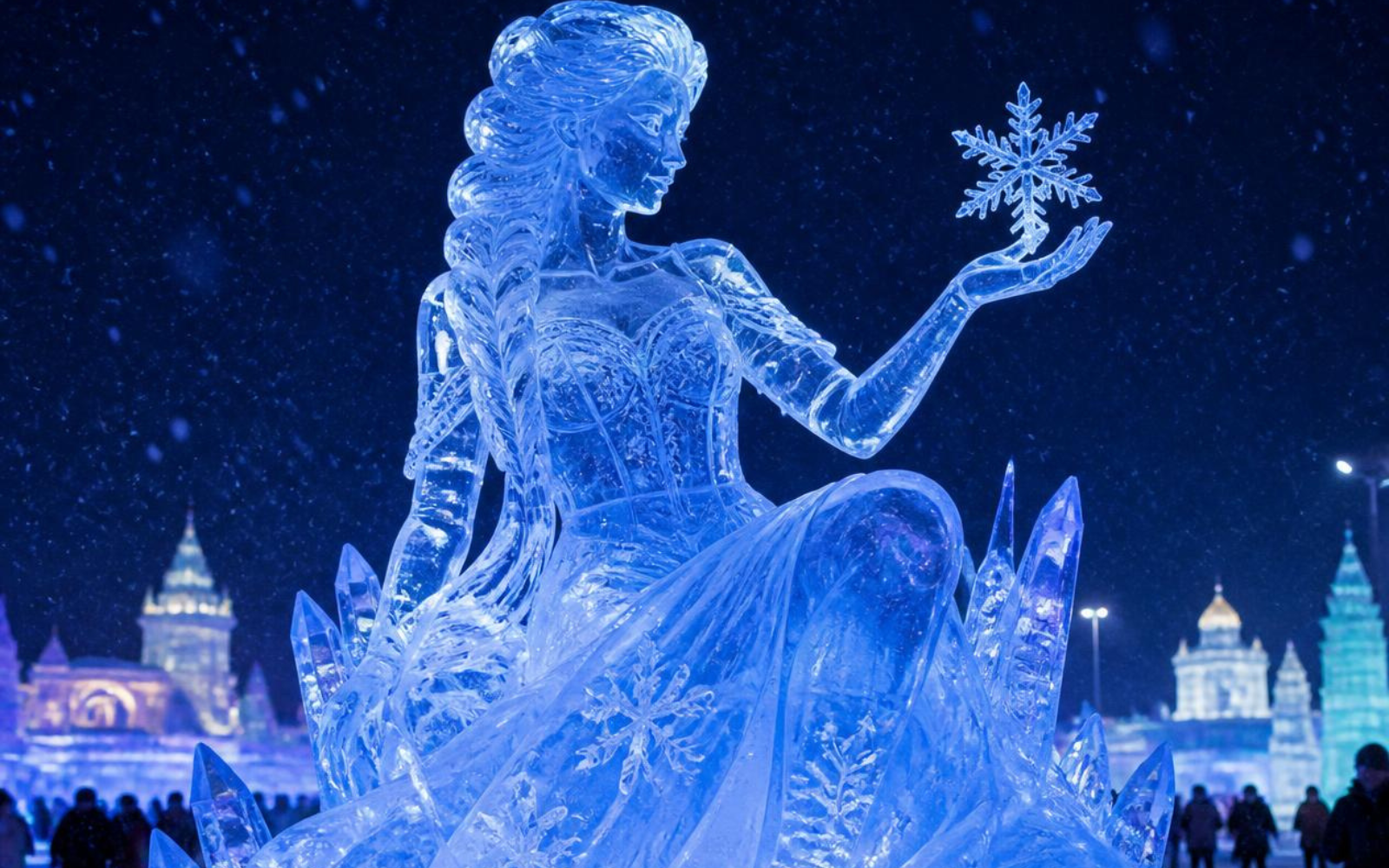 Scultura artistica di ghiaccio illuminata durante il Festival del Ghiaccio di Harbin