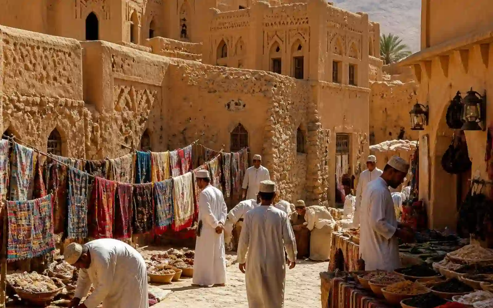 Mercato tradizionale dell'Oman con tessuti, artigianato e abitanti in abiti locali