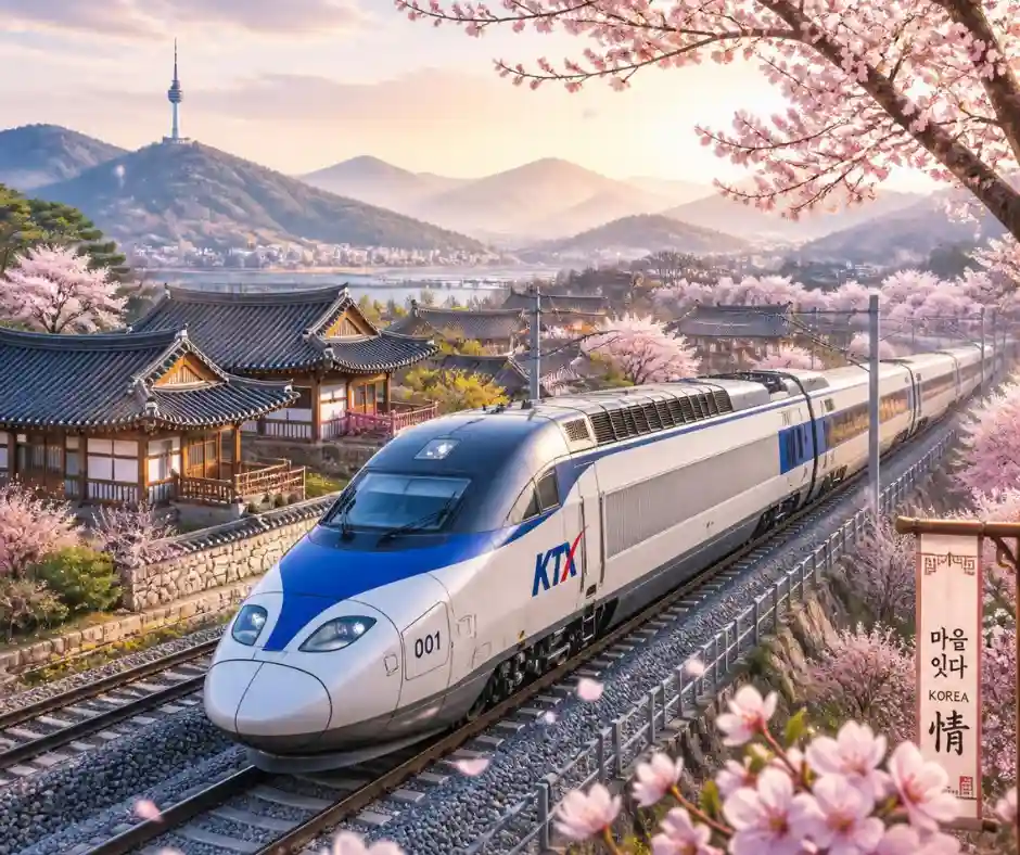 Viaggio organizzato Corea del Sud con treni KTX inclusi Treno ad alta velocità KTX tra paesaggi della Corea del Sud.