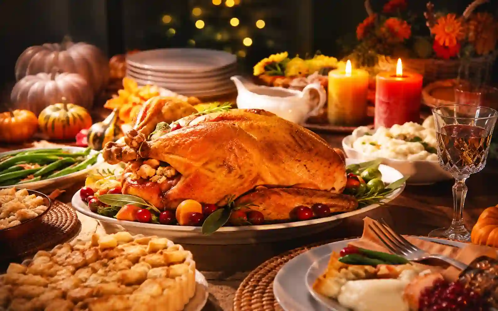 Tavola del Thanksgiving con tacchino arrosto, contorni, torta, zucche e candele accese