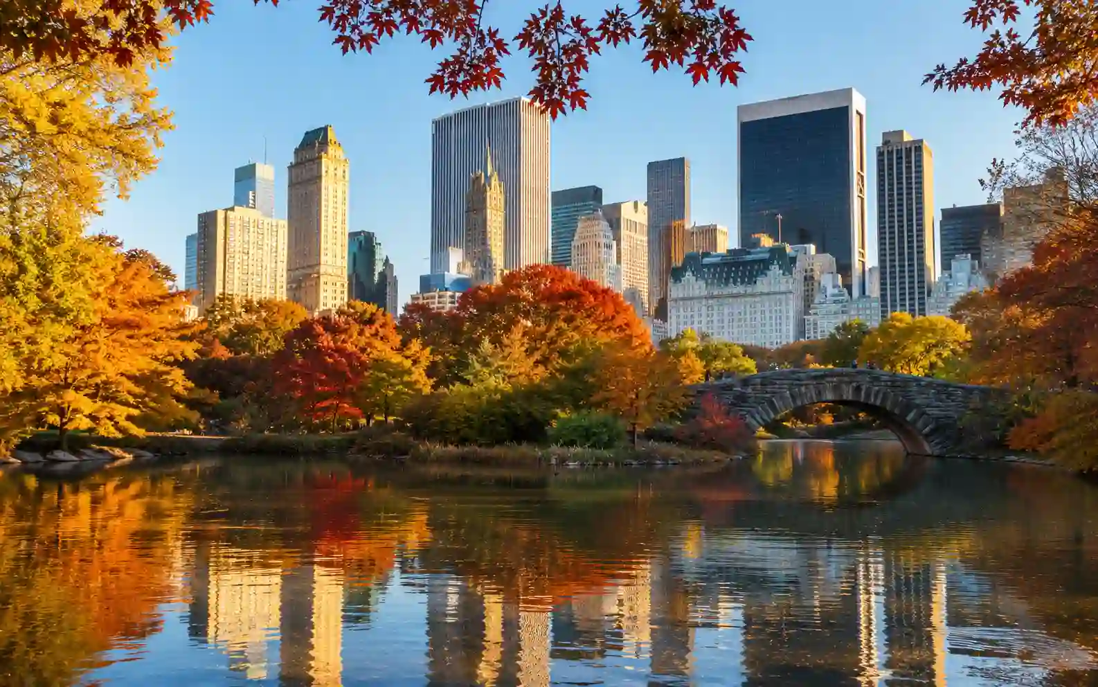 Central Park in autunno con alberi dai colori dorati e rossi, laghetto e skyline di Manhattan