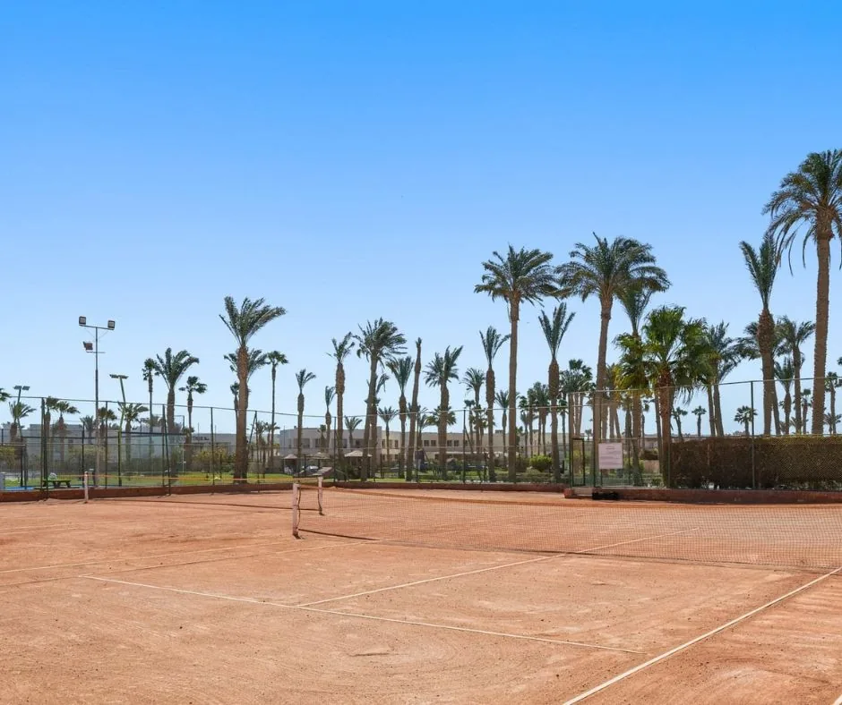 Campo da tennis – DoubleTree by Hilton Sharm Campo da tennis all’aperto circondato da palme e aree verdi all’interno del resort.