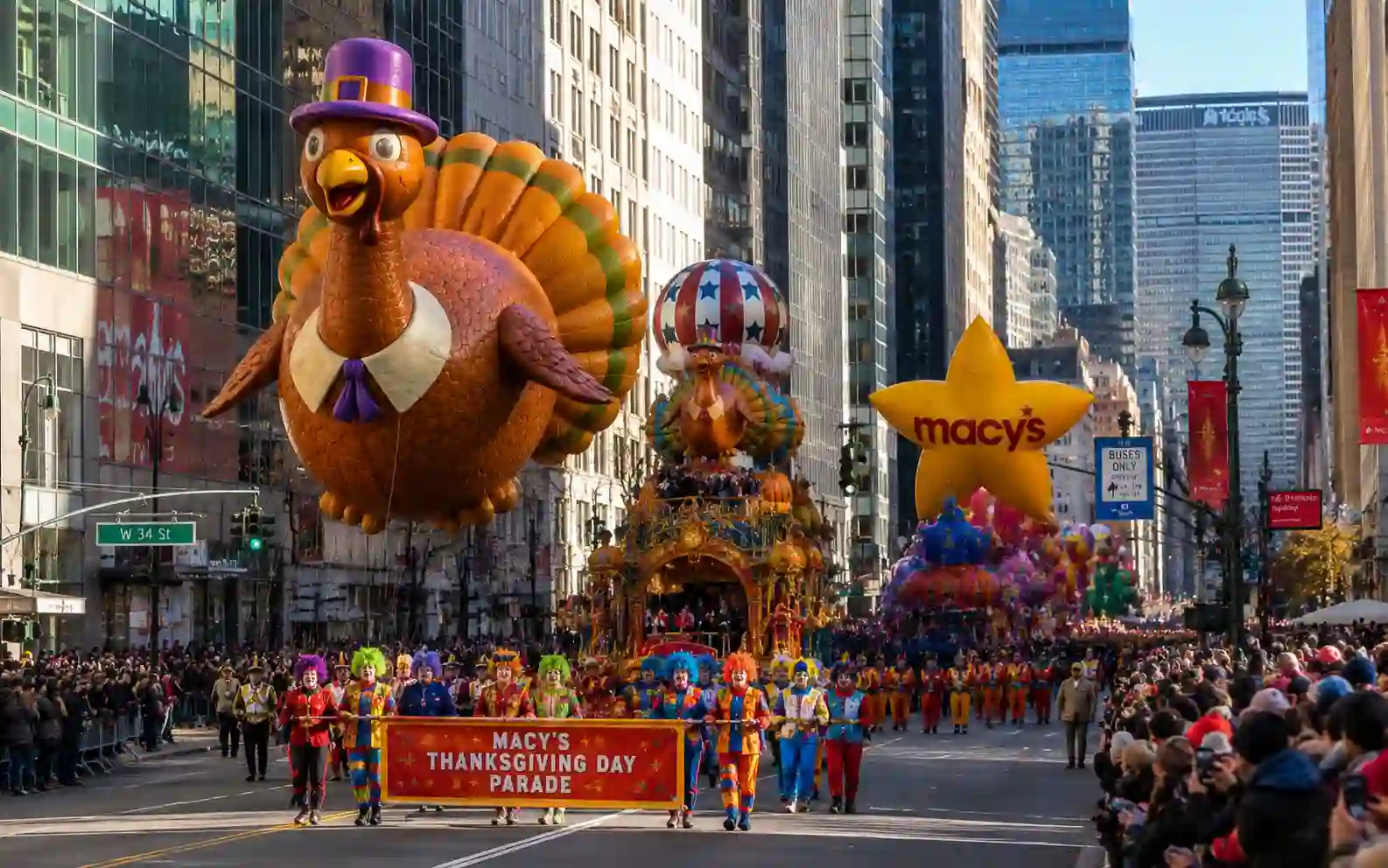 Parata del Thanksgiving lungo una strada di Manhattan con palloni giganti, carri, figuranti e pubblico