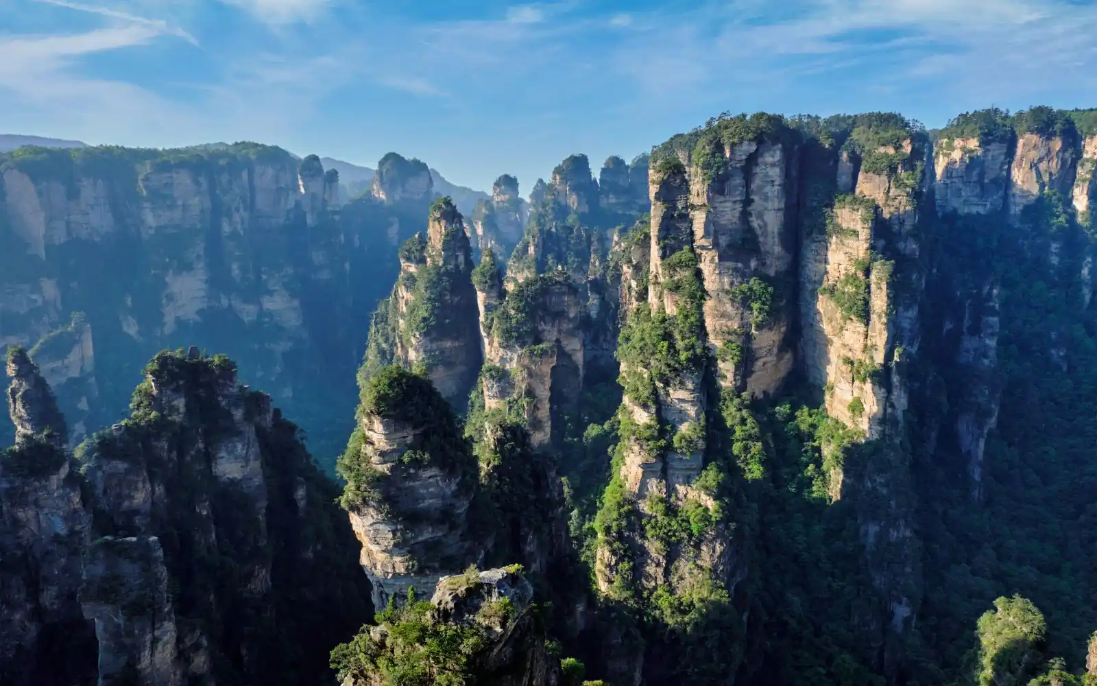 Pilastri rocciosi verticali ricoperti di vegetazione a Zhangjiajie in Cina