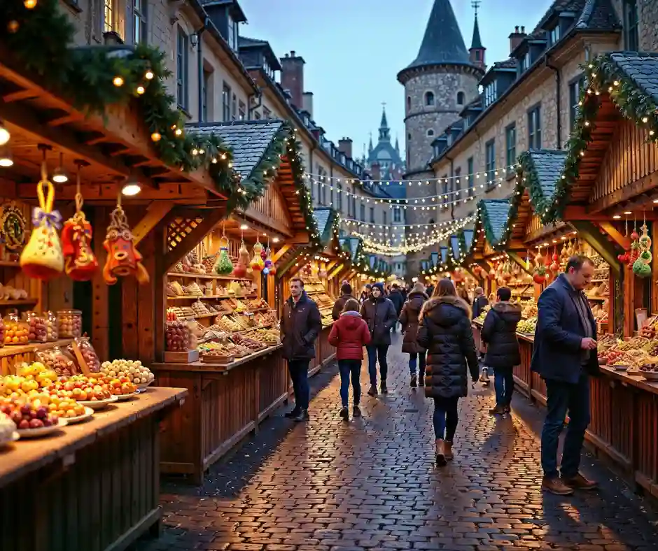 Atmosfera dei mercatini di Natale Decorazioni natalizie e luminarie davanti a una torre storica nel centro cittadino.