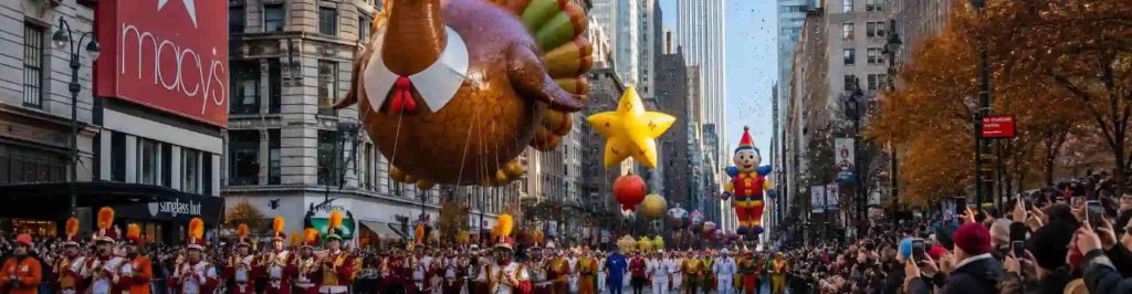 Parata del Thanksgiving a New York con grande pallone a forma di tacchino e l’Empire State Building sullo sfondo.