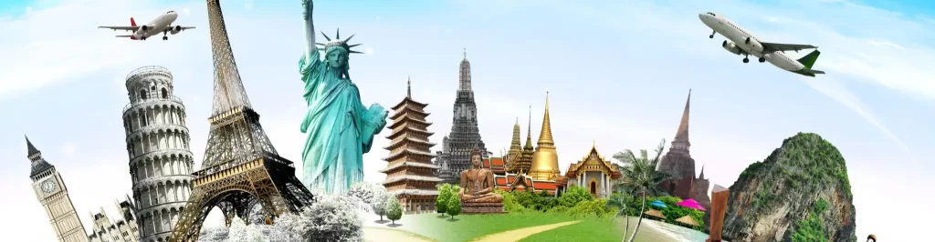 Monumenti iconici del mondo e aerei in volo, simbolo di esperienze di viaggio internazionali