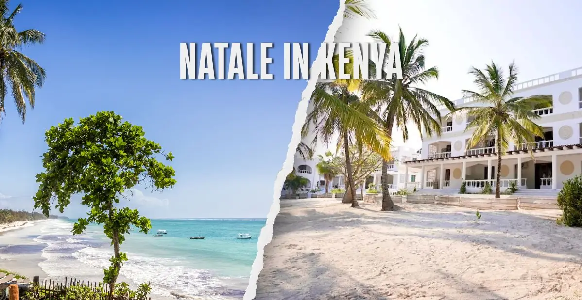 Collage con spiaggia tropicale di Watamu e Jacaranda Beach Resort tra palme, con scritta Natale in Kenya.