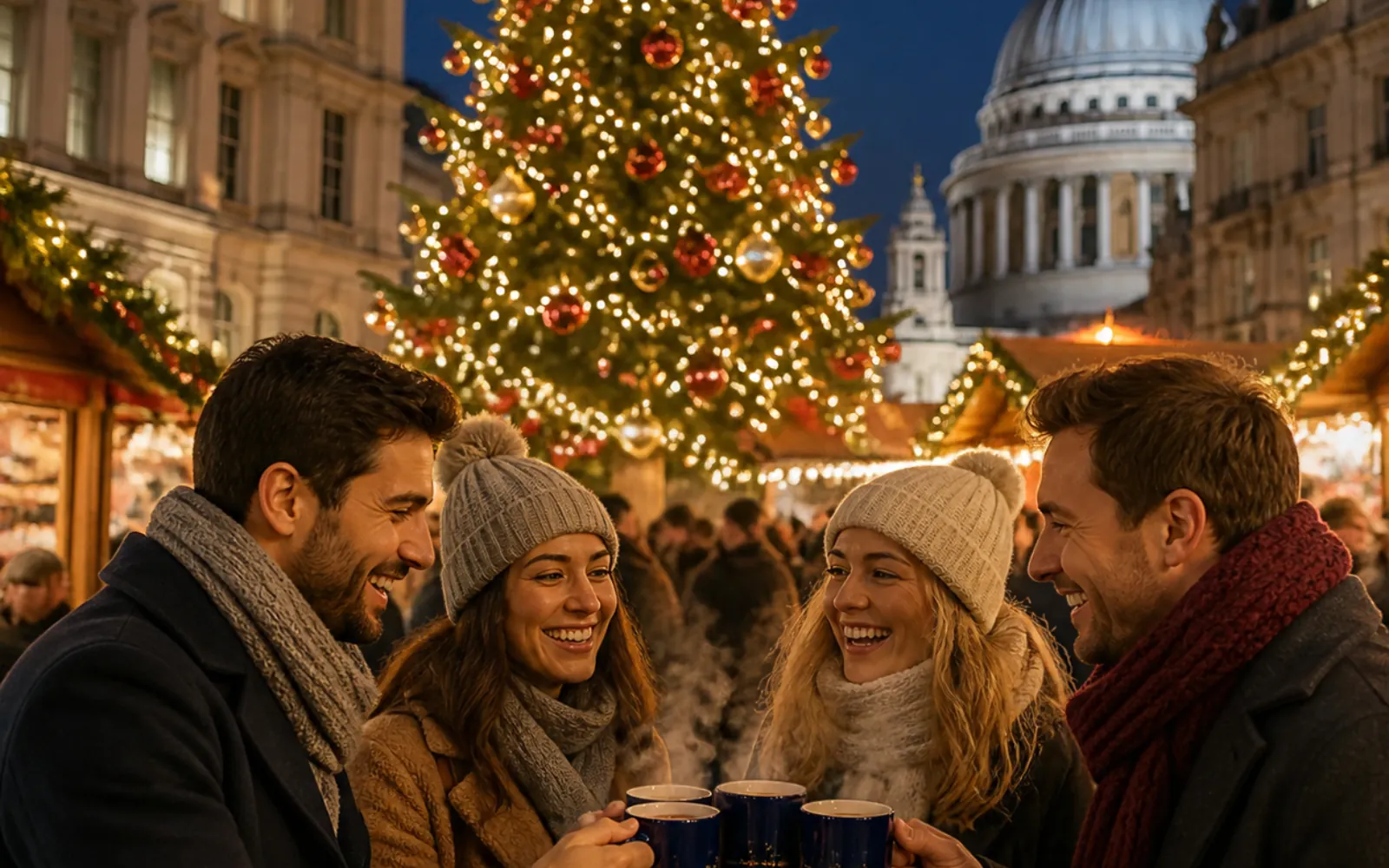 Quattro persone brindano davanti a un albero natalizio e bancarelle illuminate, con la cupola di St Paul's Cathedral sullo sfondo